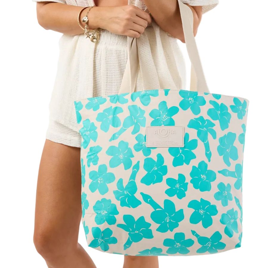 ALOHA PUAKENIKENI BUDS DAY TRIPPER TOTE BLUE LAGOON ON SANDSTONE