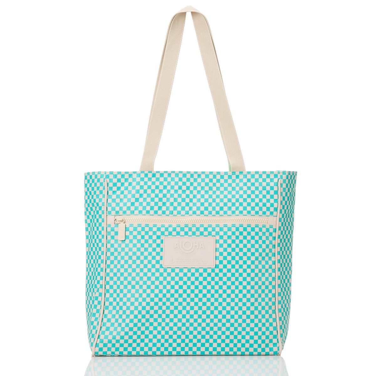 ALOHA TINY CHECK GO-TO TOTE BLUE LAGOON ON SANDSTONE