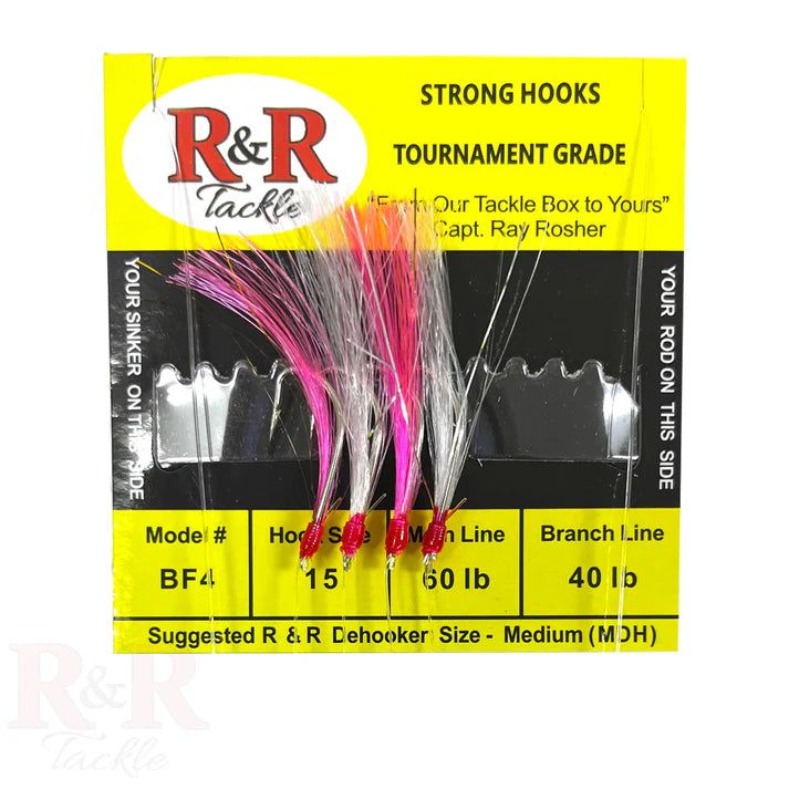 R&R Tackle - BF4 Bait Rig - 4 (size 15) hooks with hot pink/white nylon feathers