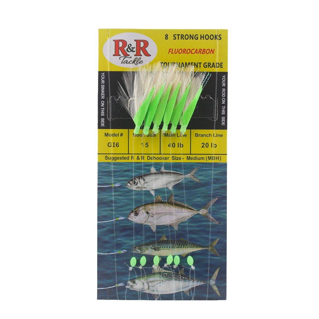 R&R Tackle - GI6 Bait Rig - 6 (size 15) hooks with white feather & glow fish skin