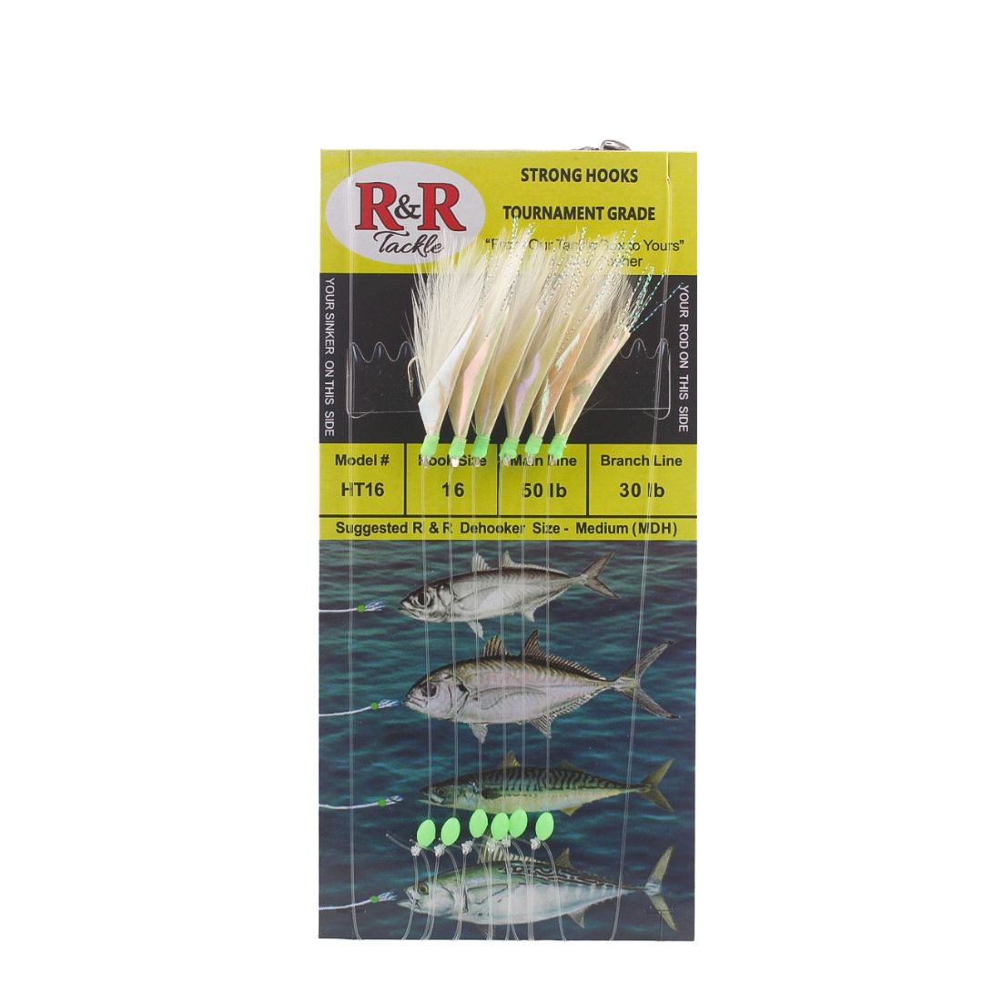 R&R Tackle - HT16 Bait Rig - 6 (size 16) hooks with white feather & fish skin