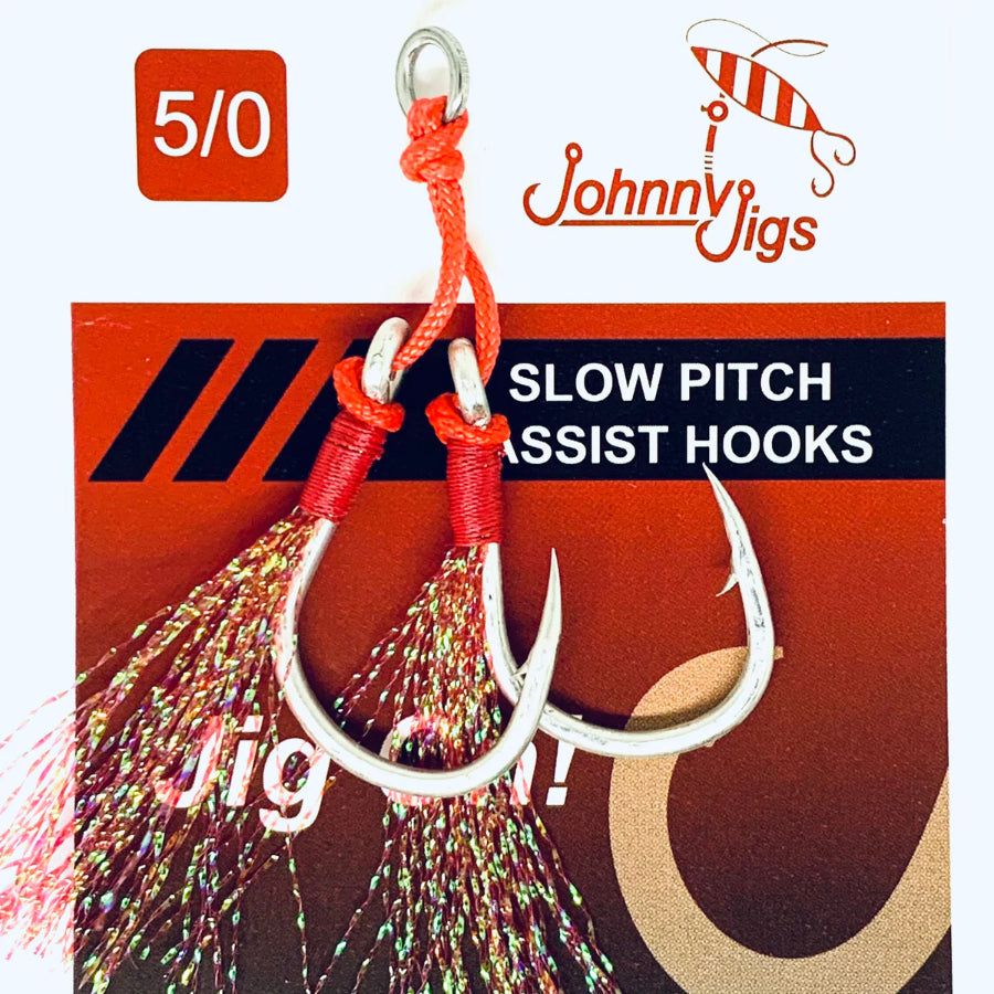 JOHNNY JIGS RED FEATHERED TWIN ASSIST HOOKS