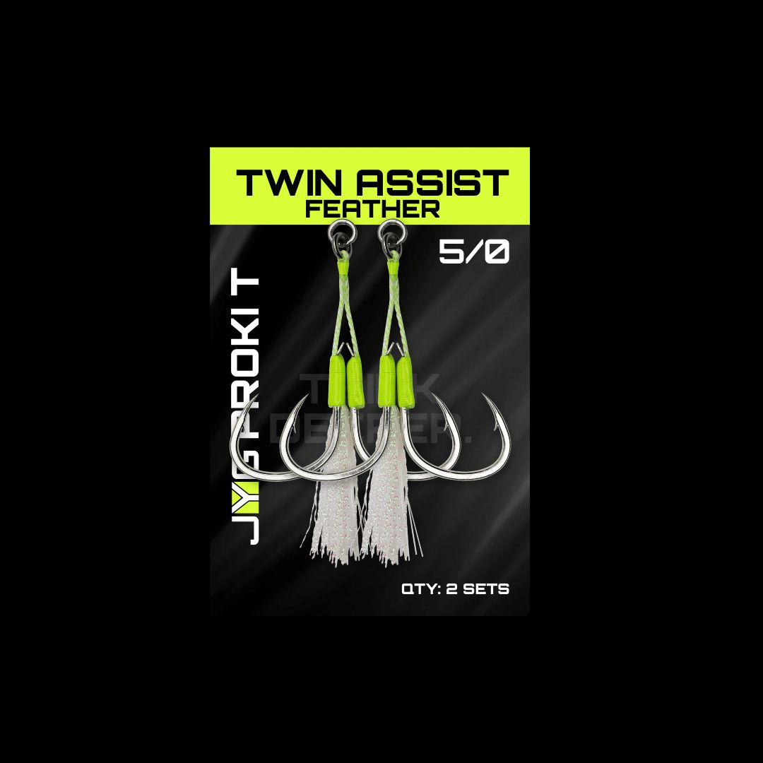 JYG Pro Fishing TW-FT-5 5/0 Twin Assist Feather Hooks - Green (2 Pack)