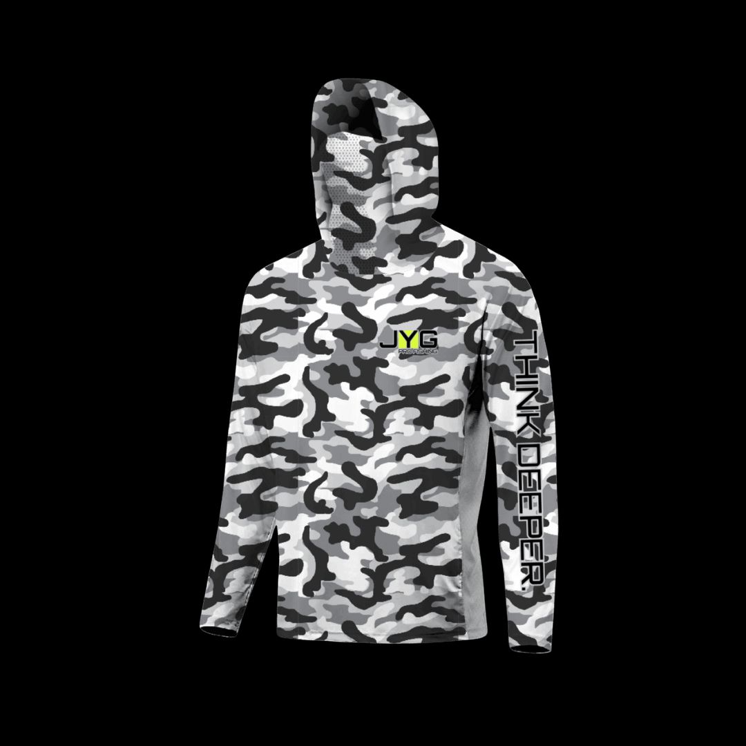HOODED FISHING SHIRT WITH FACEMASK - BLACK WHITE CAMO