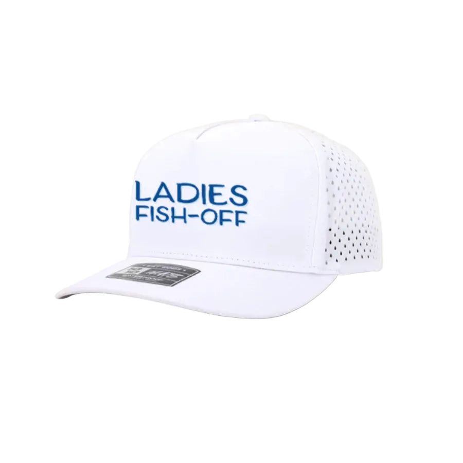 LADIES FISH-OFF WHITE WITH BLUE NAME HAT