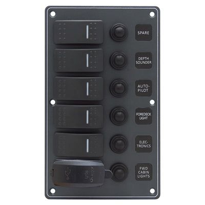 Marpac Water Resistant Aluminum Switch Panel With USB Charger - 5 Switches - 4-31/64 x 7-33/64 Inches
