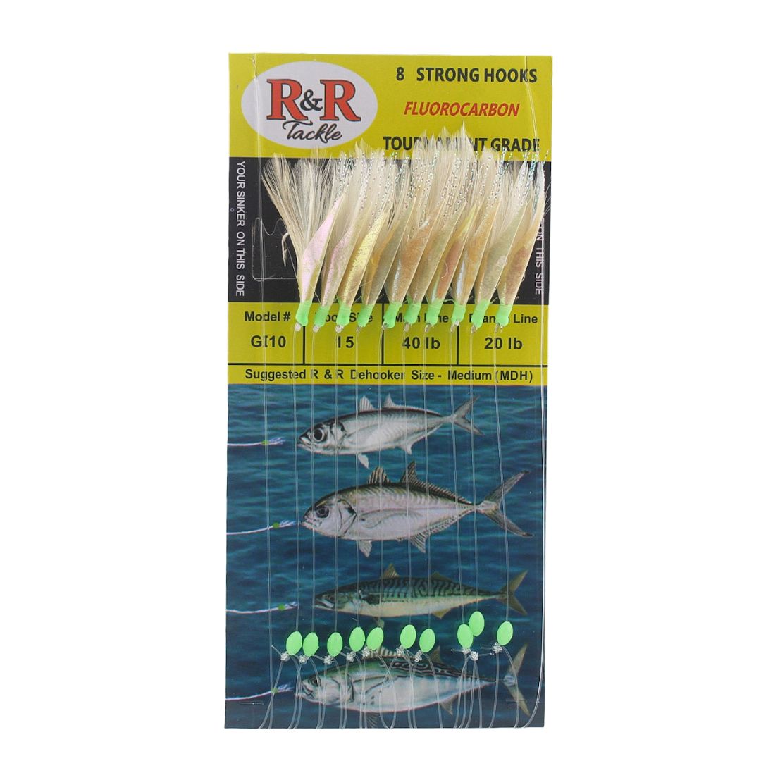 R&R Tackle - GI 10 Bait Rig-10 (size 15) hooks with white feather & glow fish skin