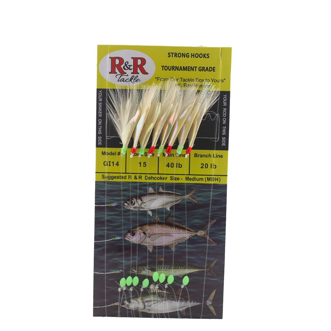R&R Tackle - GI14 Bait Rig - 8 (size 15) hooks with white feather & Red/Grn beads & fish skin