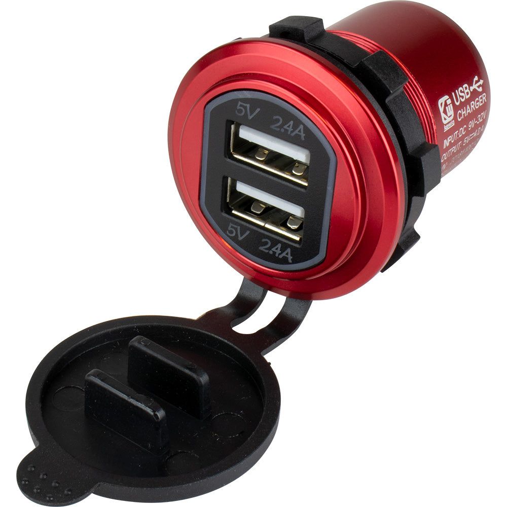 Sea-Dog Round Red Dual USB Charger w/1 Quick Charge Port+